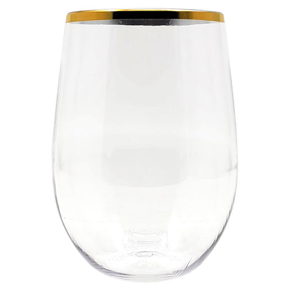 Gold Rim Stemless Plastic Wine Glasses Goblet 16 oz Cups Decorline   