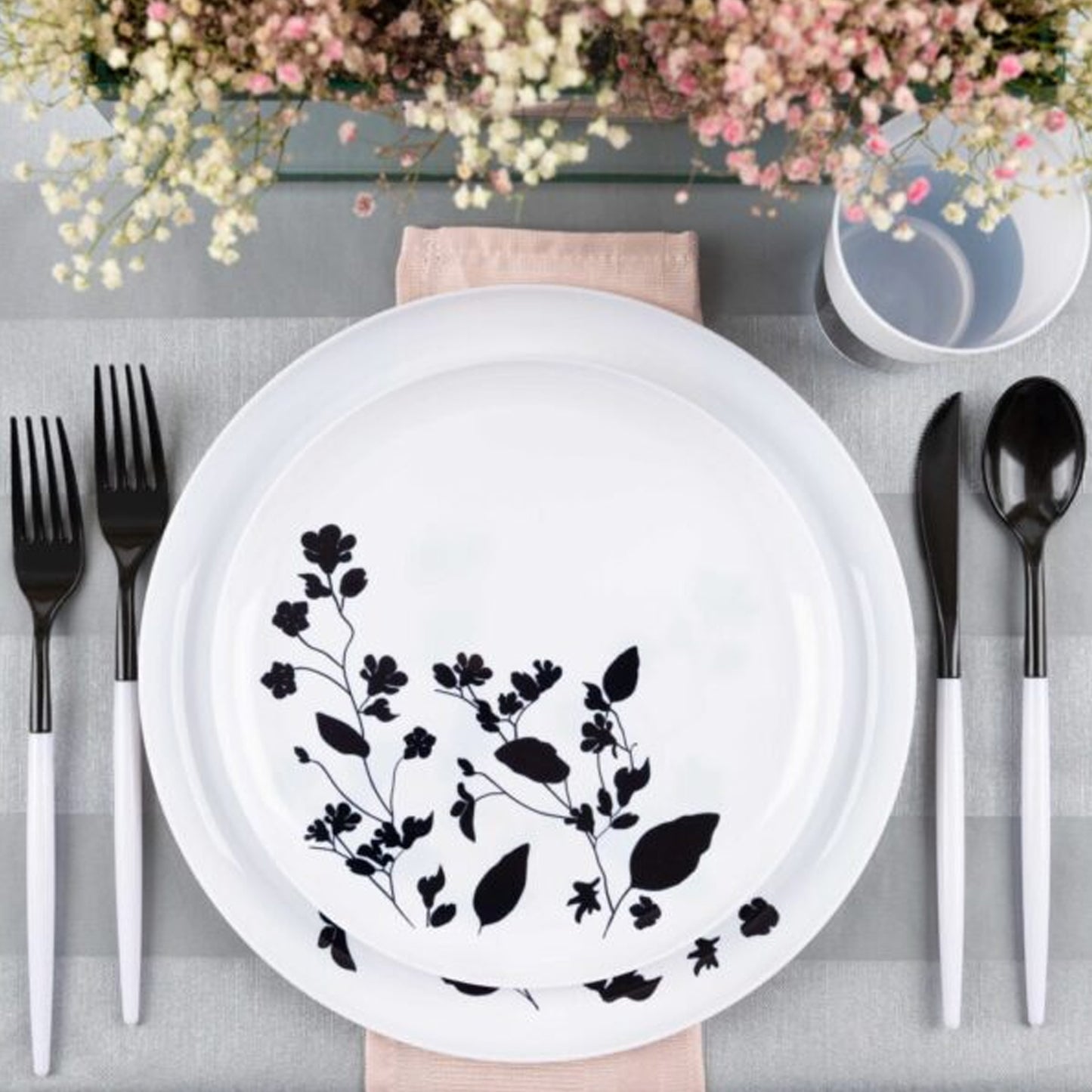 Garden Collection White and Black Round Dinner Tableware Package Set Plates Decorline   