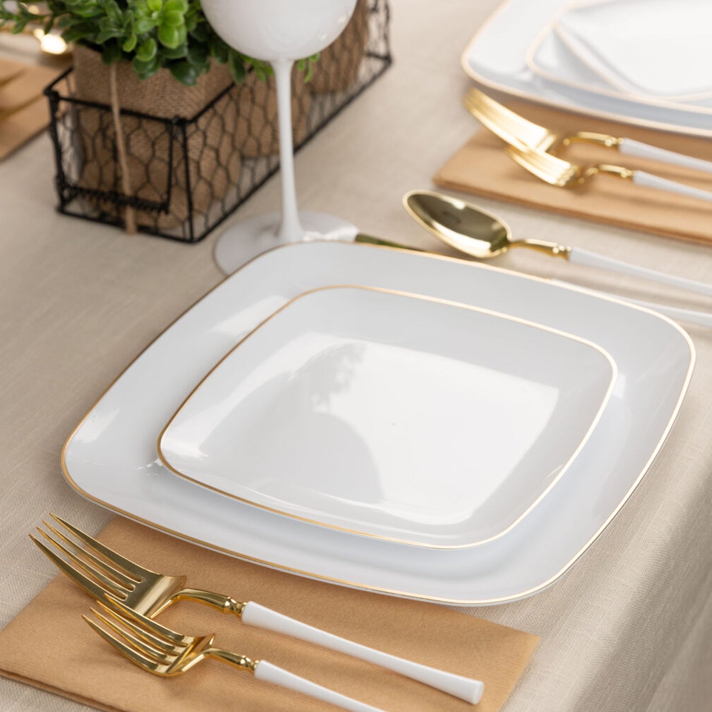 Orchid Collection White and Gold Rim Square Dinner Tableware Package Set Plates Blue Sky   