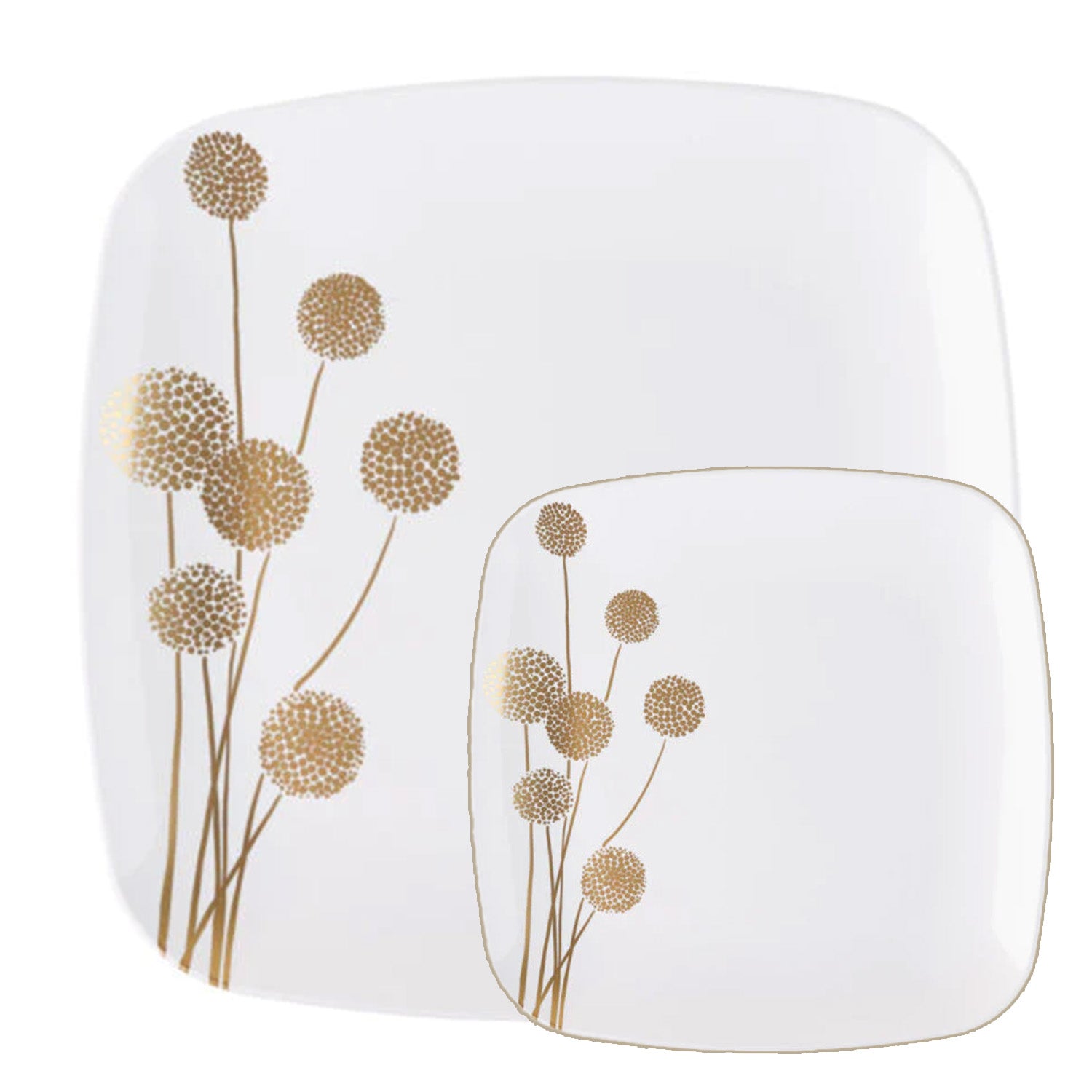 Plastic Dandelion Square Plates 7.25″ Fancy Disposable Appetizer Plate White/Gold. Tablesettings Blue Sky   