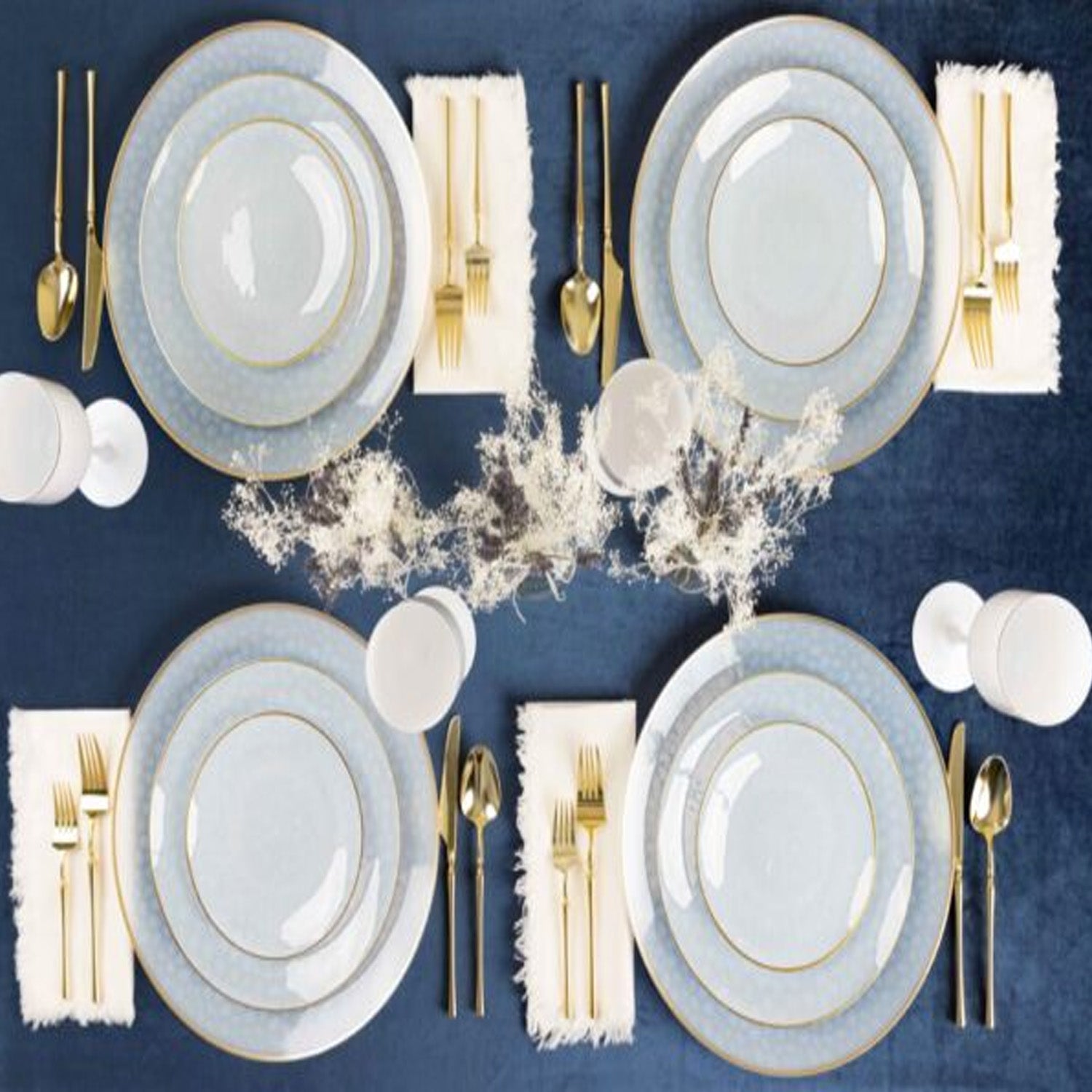 Organic Hammered White Transparent Gold Rim 7″ Plates Tablesettings Blue Sky