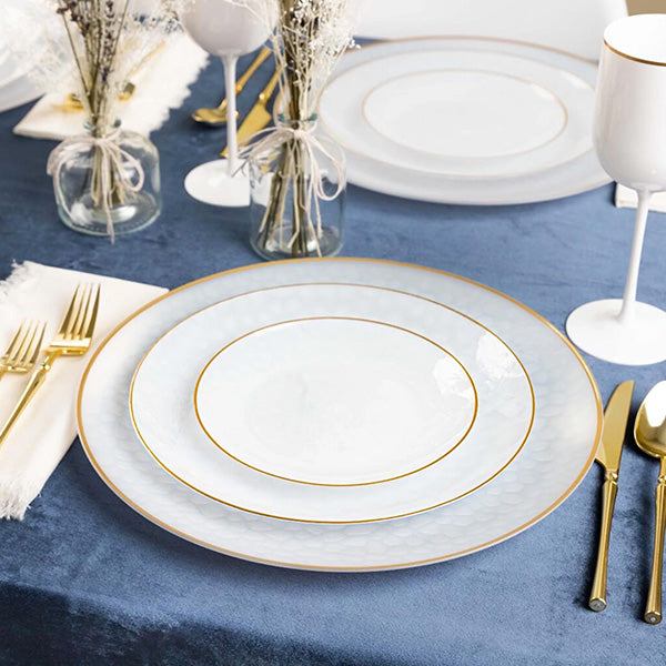 Organic Hammered White Transparent Gold Rim 7″ Plates Tablesettings Blue Sky