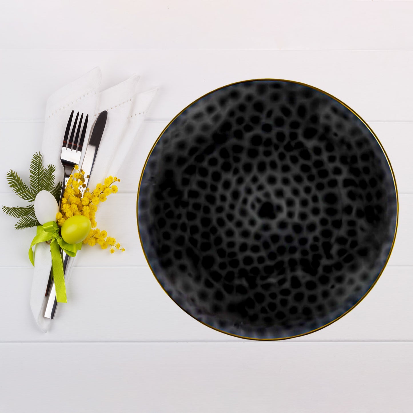 Organic Hammered Black Transparent Gold Rim 10″ Plates Tablesettings Blue Sky   
