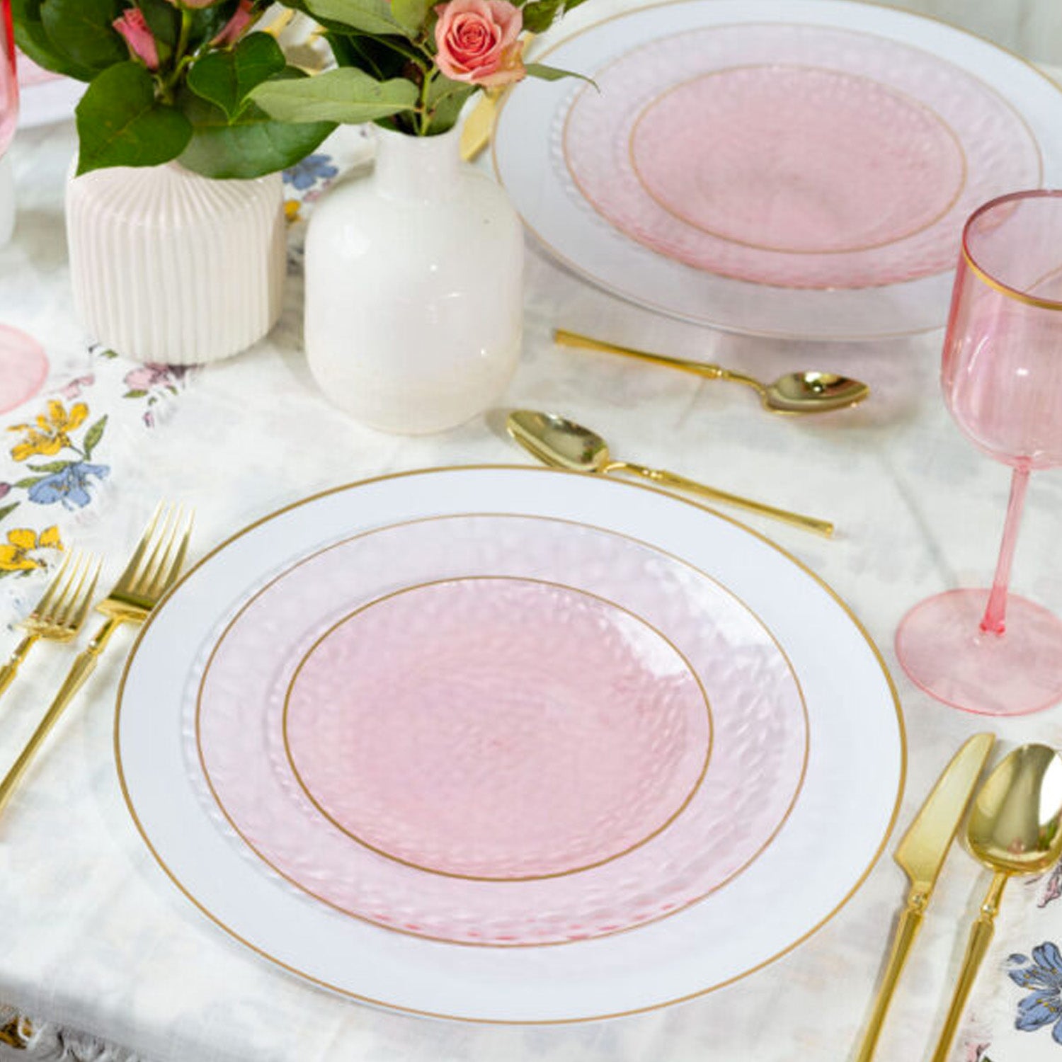 Organic Hammered Pink Gold Rim 7″ Plates Tablesettings Blue Sky   