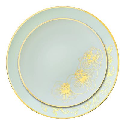 Orchid Antique Turquoise and Gold Round Plastic Dinner Plates 10" Tablesettings Decorline   