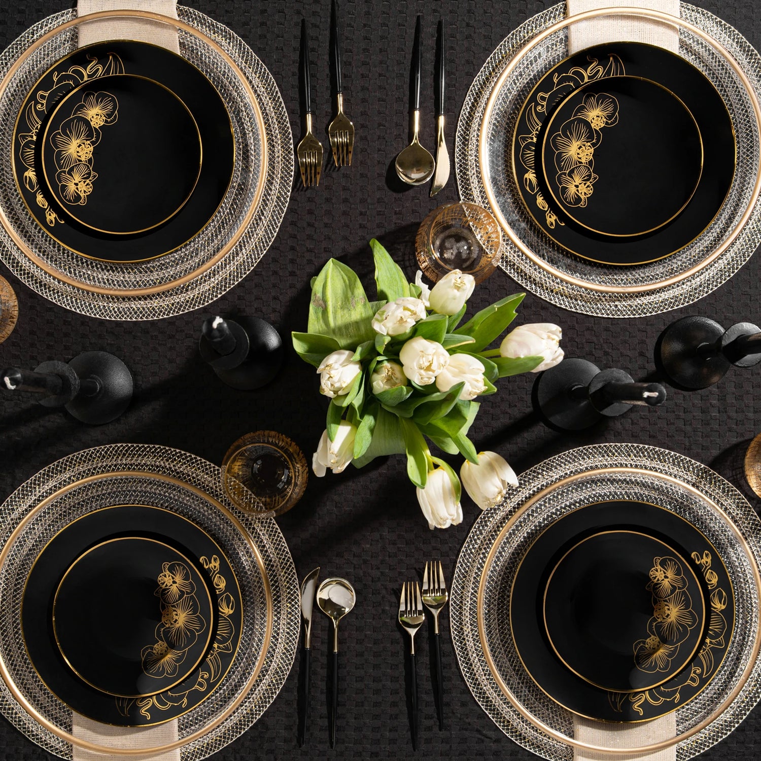 Orchid Collection Dinner Plate Black & Gold Tableware Package Set Plates Decorline   