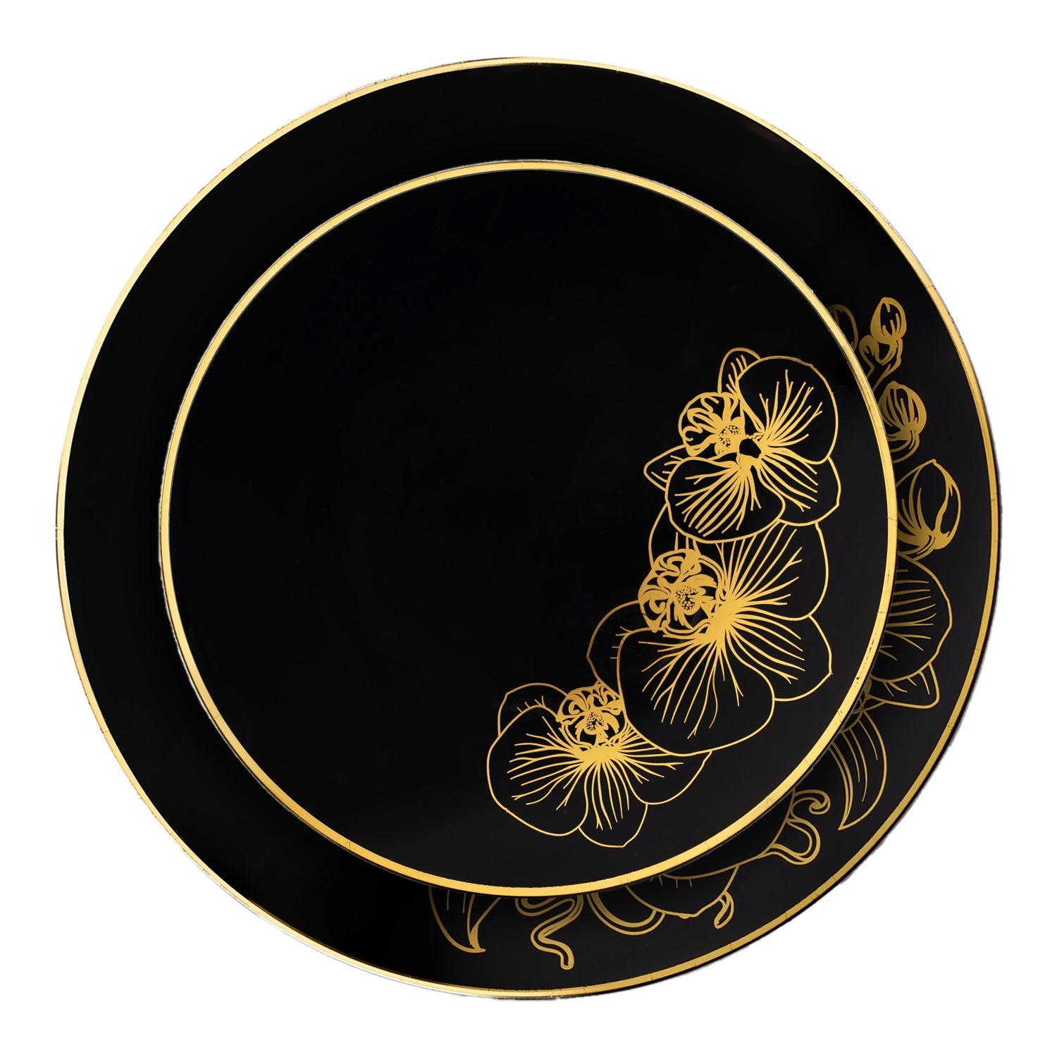 Orchid Black and Gold Round Plastic Dinner Plates 7.5" Tablesettings Decorline