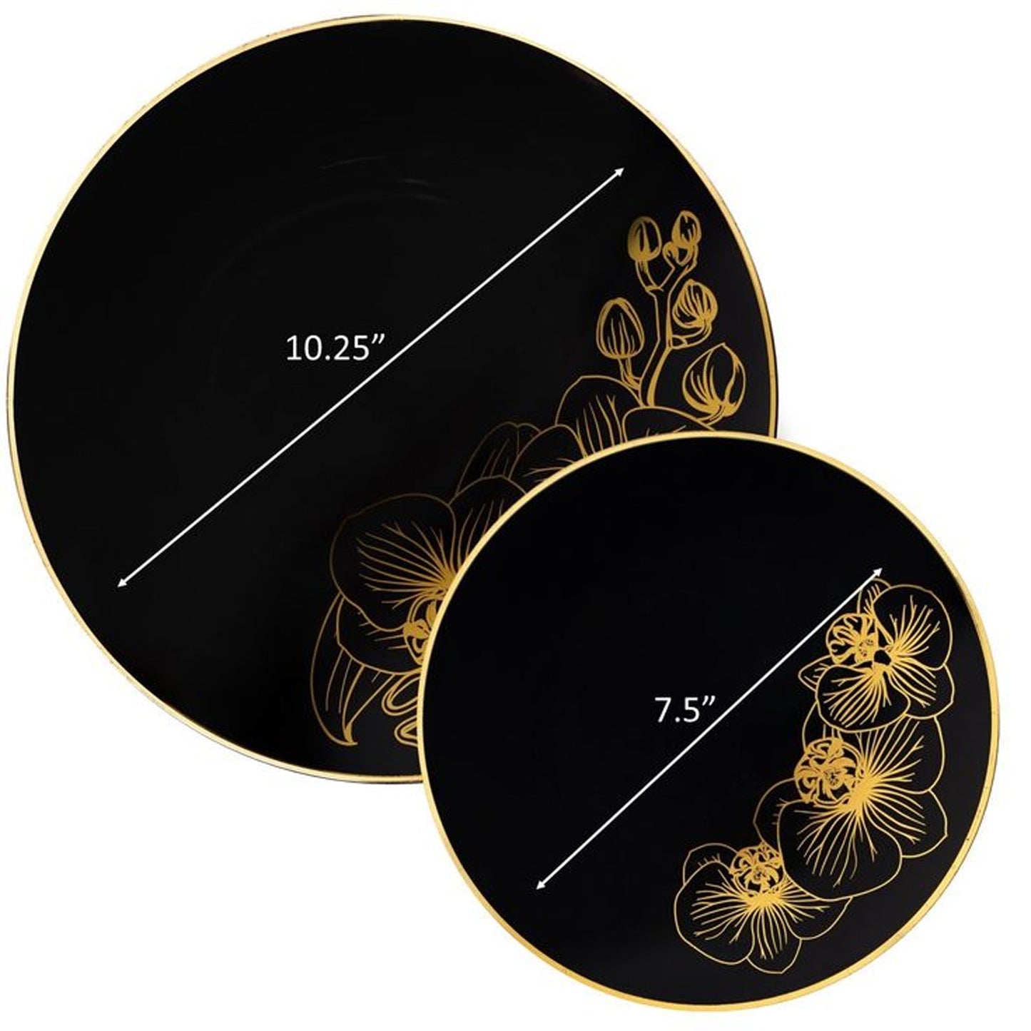 Orchid Black and Gold Round Plastic Dinner Plates 7.5" Tablesettings Decorline