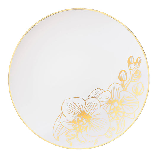 Orchid White and Gold Round Plastic Dinner Plates 10" Tablesettings Decorline   