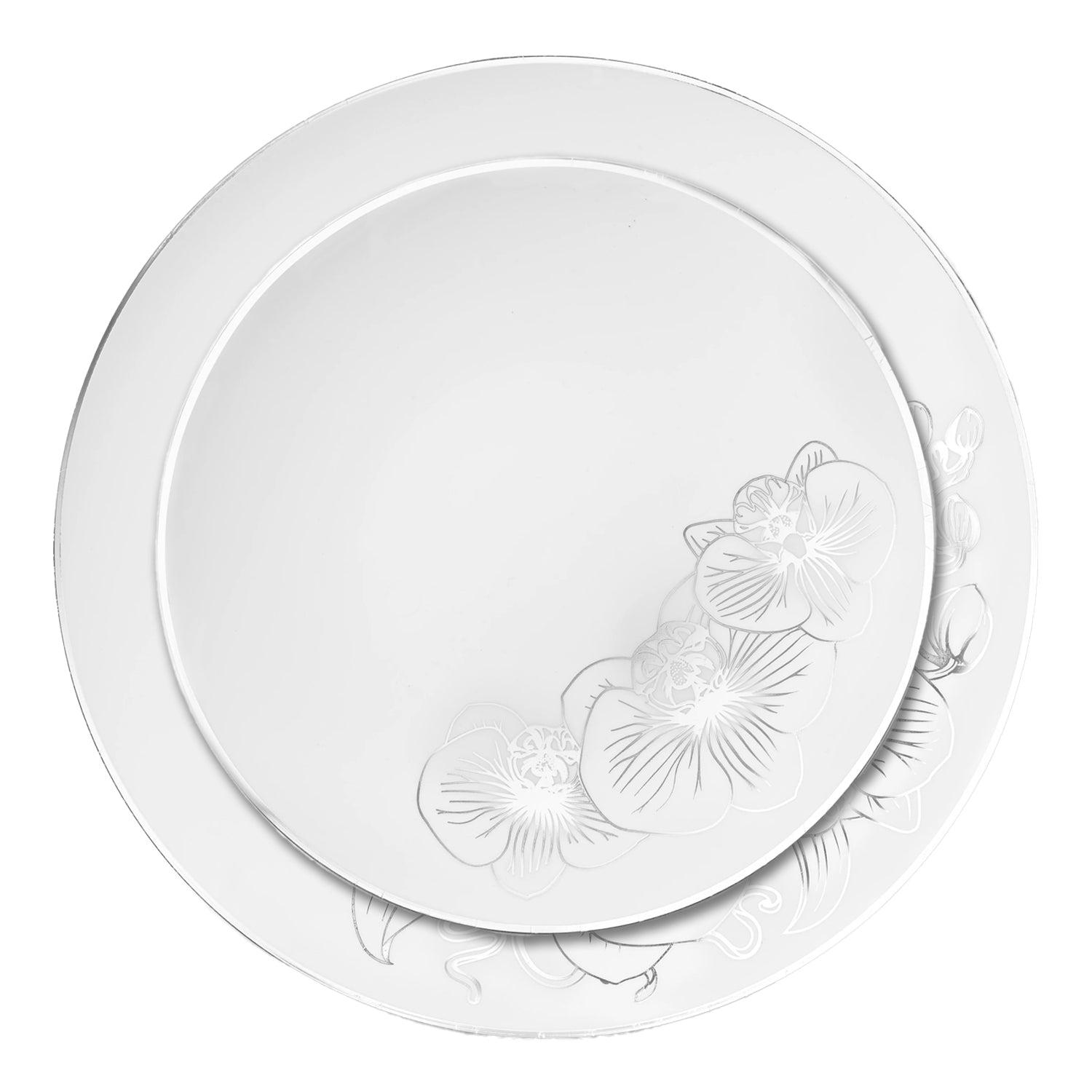 Orchid White and Silver Round Plastic Dinner Plates 7.5" Tablesettings Decorline   