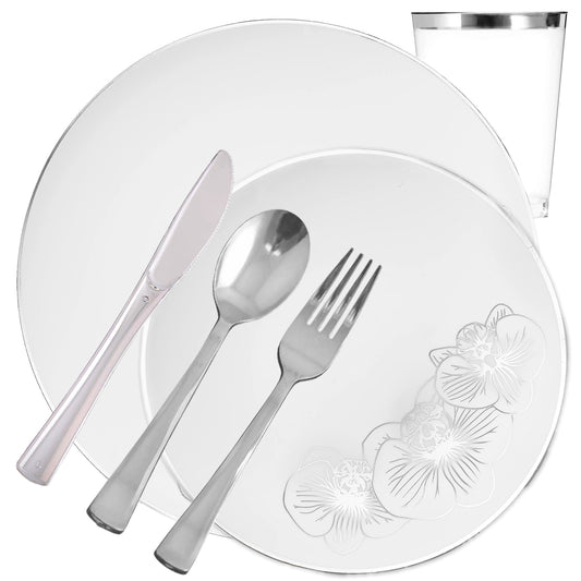 Orchid Collection Dinner Plate White & Silver Tableware Package Plates Decorline 20  