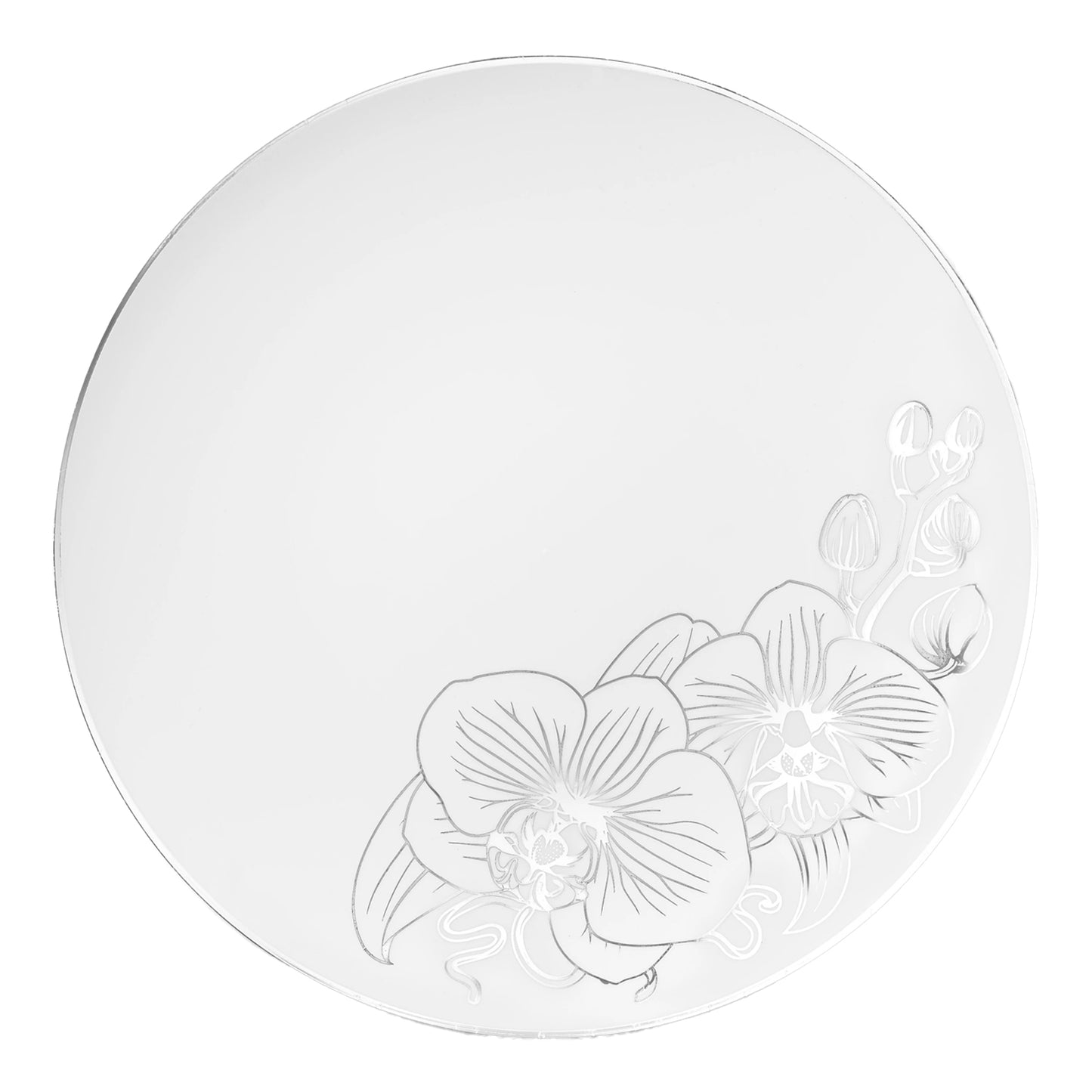Orchid White and Silver Round Plastic Dinner Plates 10" Tablesettings Decorline   