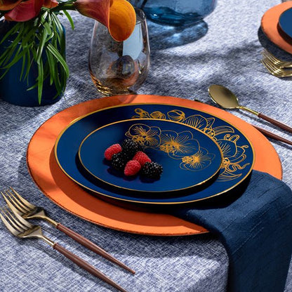 Orchid Royal Blue and Gold Round Plastic Dinner Plates 7.5" Tablesettings Decorline   