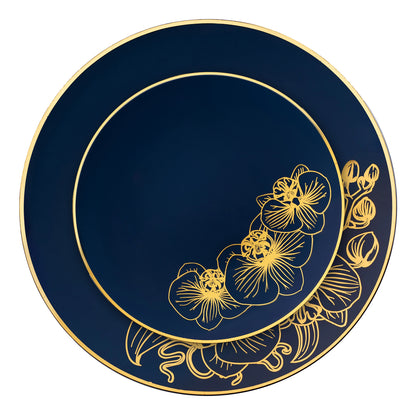 Orchid Royal Blue and Gold Round Plastic Dinner Plates 10" Tablesettings Decorline   