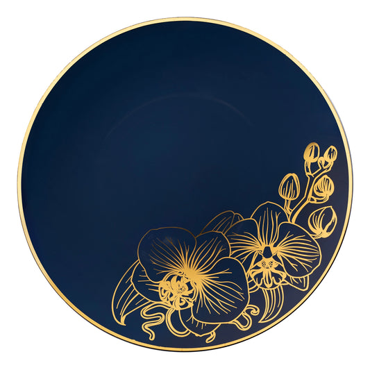 Orchid Royal Blue and Gold Round Plastic Dinner Plates 10" Tablesettings Decorline   