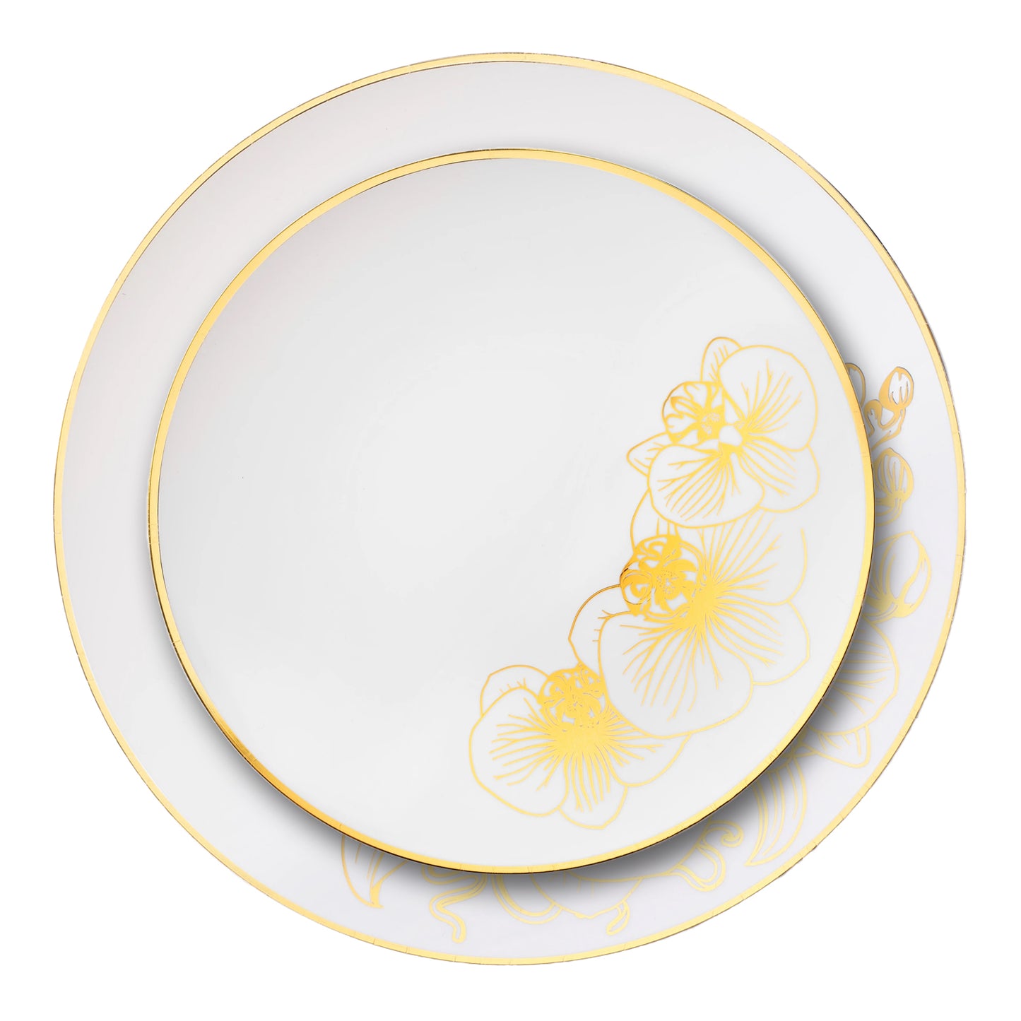 Orchid White and Gold Round Plastic Dinner Plates 7.5" Tablesettings Decorline   