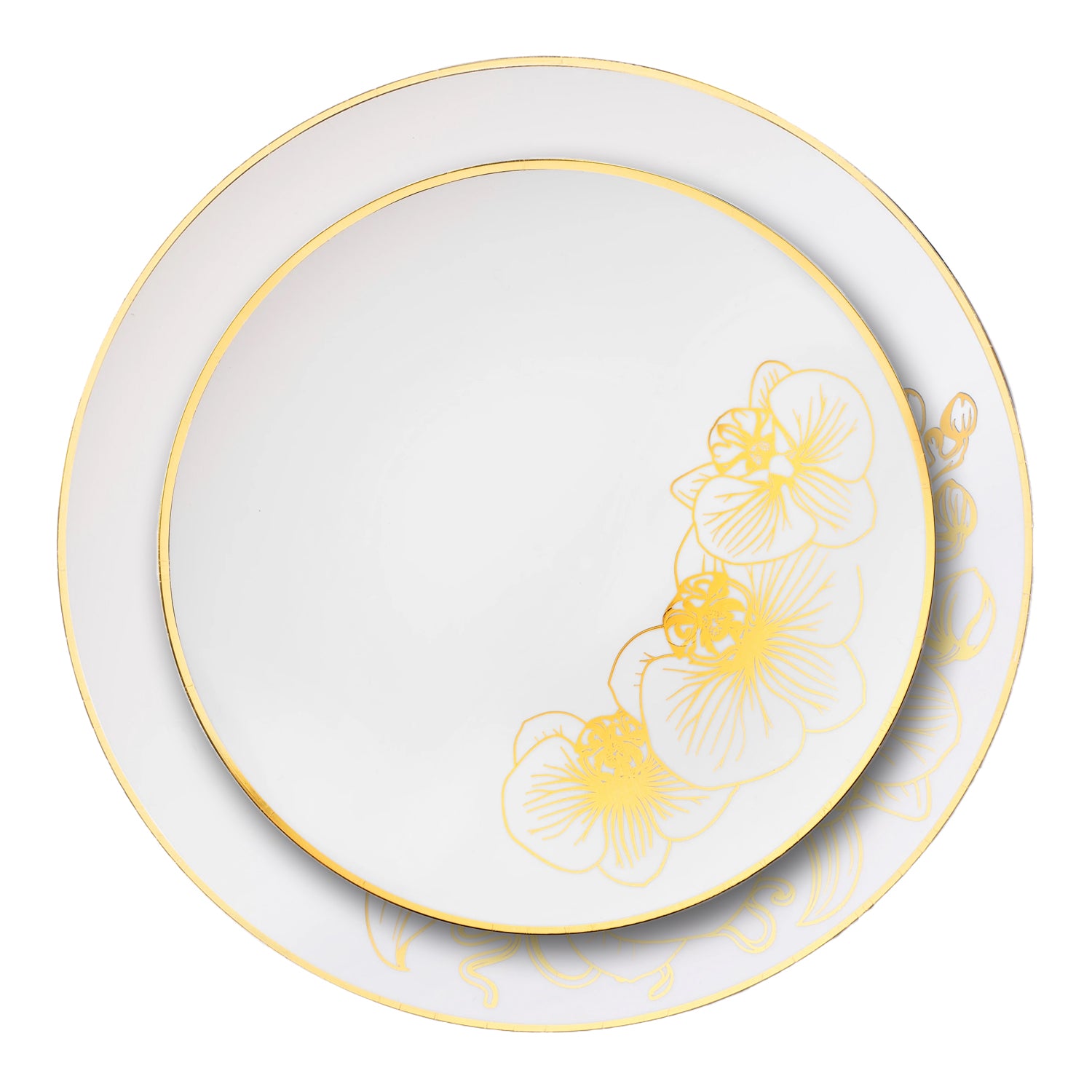 Orchid White and Gold Round Plastic Dinner Plates 7.5" Tablesettings Decorline