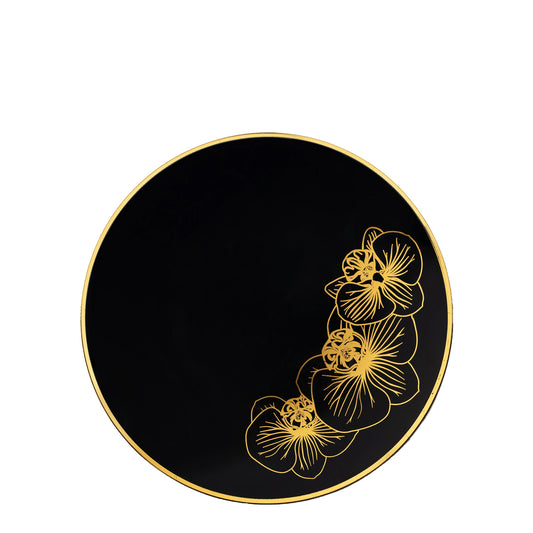 Orchid Black and Gold Round Plastic Dinner Plates 7.5" Tablesettings Decorline   
