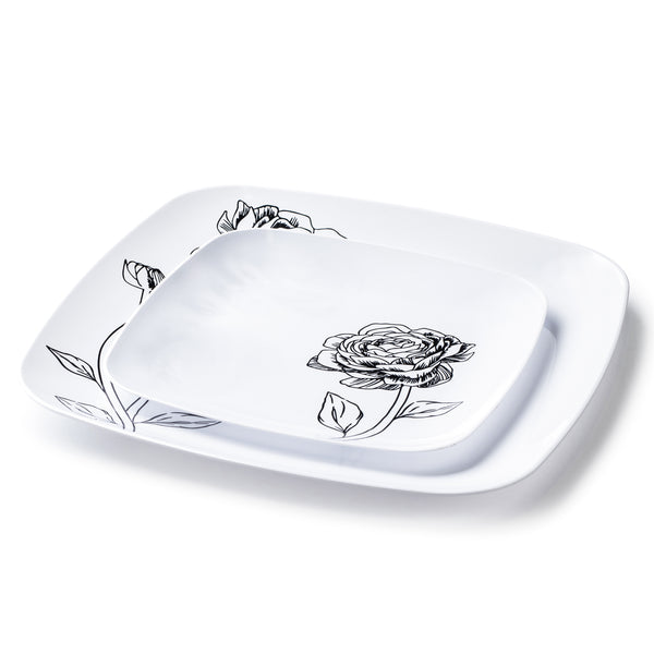 COMBO SET  10.25" & 7.25"  White and Black Square Plastic Dinnerware Set - Peony  Decorline   