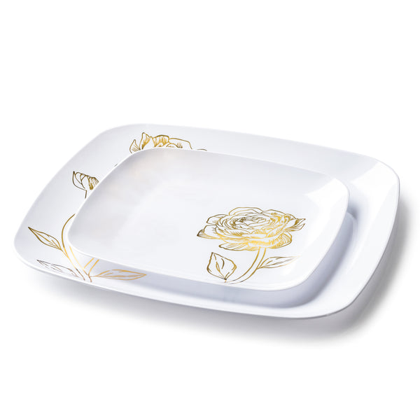 COMBO SET  10.25" & 7.25"   White and Gold Square Plastic Dinnerware Set  - Peony  Decorline   