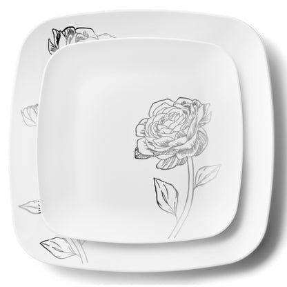 COMBO SET  10.25" & 7.25"   White and Silver Square Plastic Dinnerware Set - Peony  Decorline   