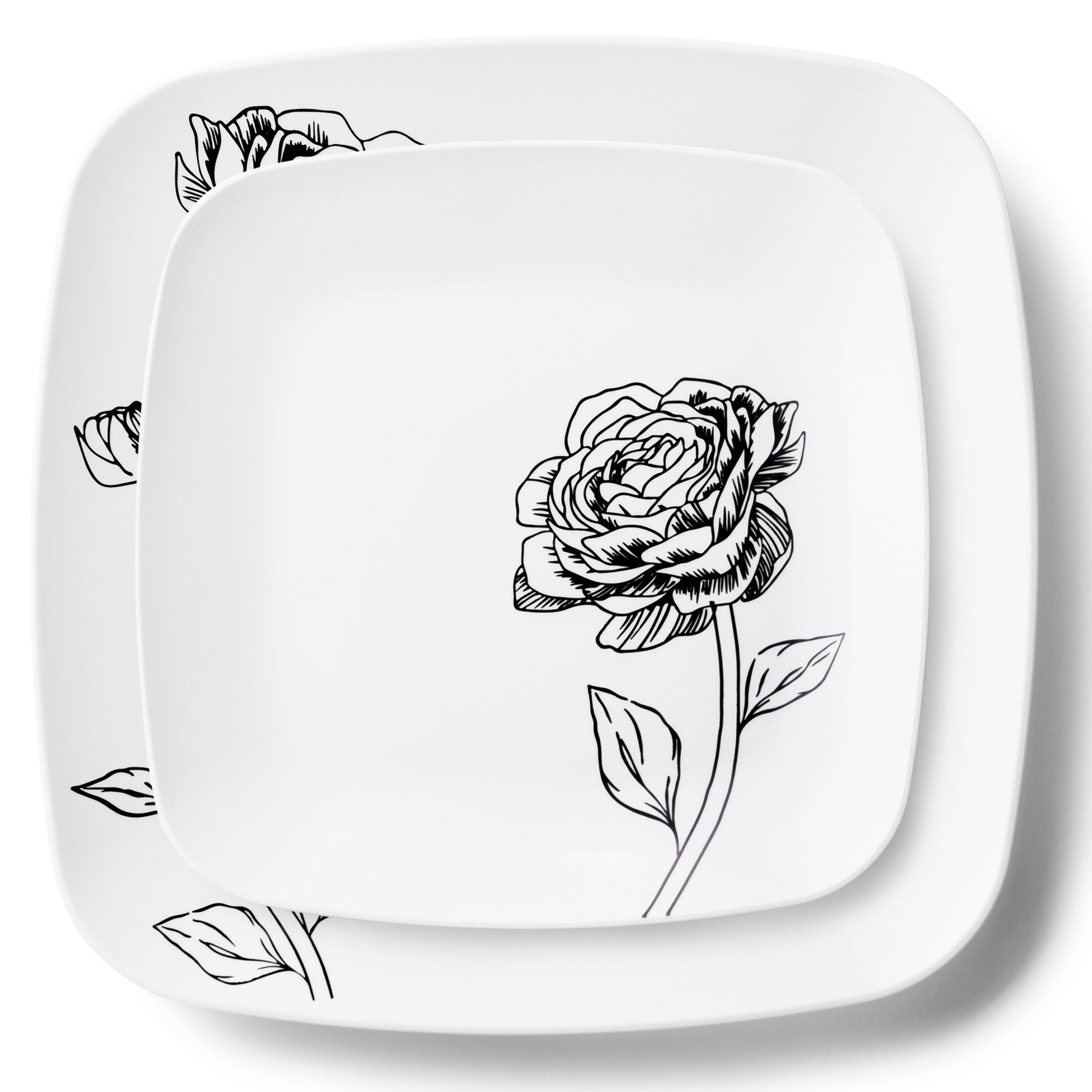 COMBO SET  10.25" & 7.25"  White and Black Square Plastic Dinnerware Set - Peony  Decorline   