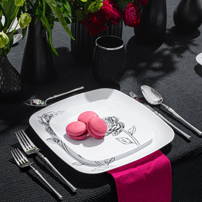 COMBO SET  10.25" & 7.25"  White and Black Square Plastic Dinnerware Set - Peony  Decorline   