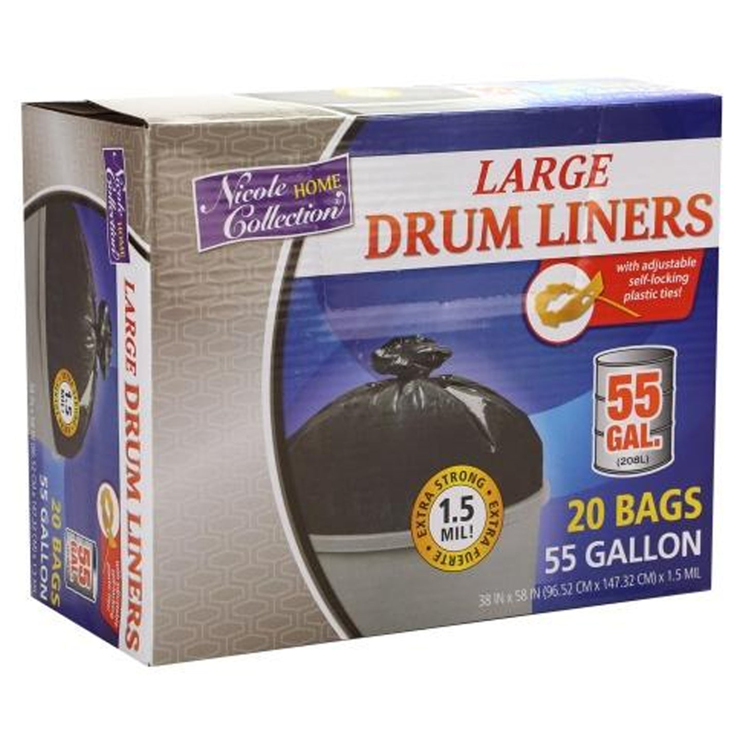 Heavy Duty 55 Gallon Trash Bags, 2 ml Plastic Drum Liners 38' x 58', 50  Pack