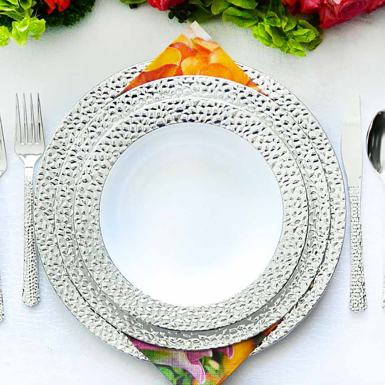 Hammered Collections Salad Dessert Plate White Silver 7.25" 10 count Plates Decorline   