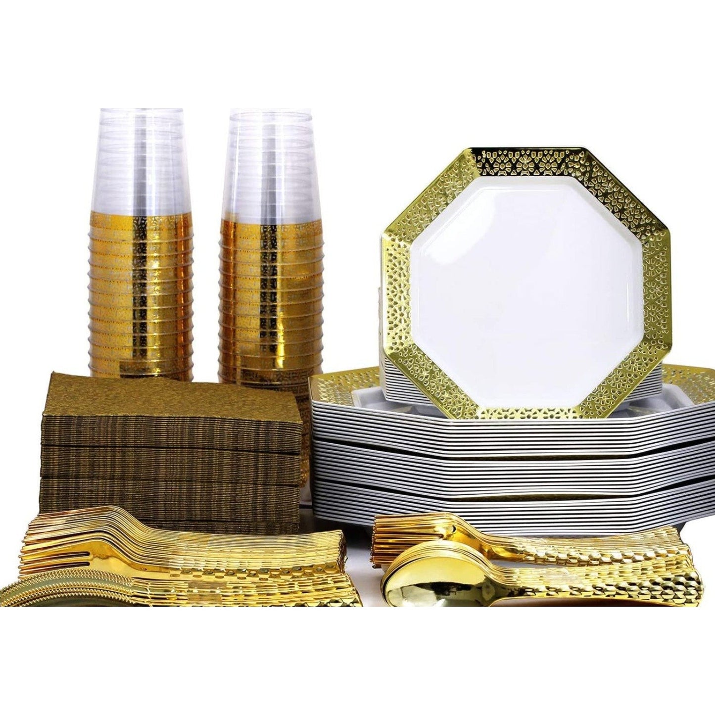 "BULK" LACETAGON COLLECTIONS LACE GOLD RIM PLASTIC TABLEWARE PACKAGE plates Lillian Tablesettings   