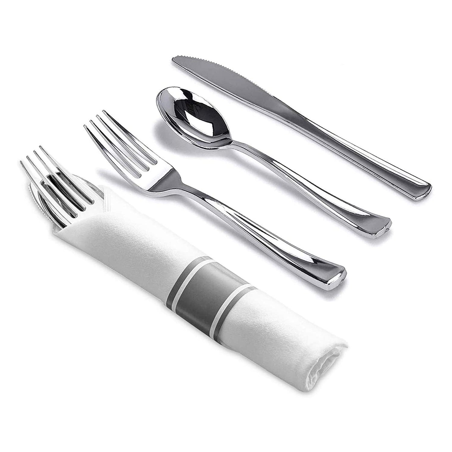 Pre-Rolled Cutlery And Napkin Set Polished Silver Tablesettings Lillian   