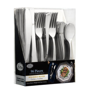 Cutlery Silverware Extra Heavyweight Disposable Flatware Combo Silver 96 Pieces Tablesettings Lillian   