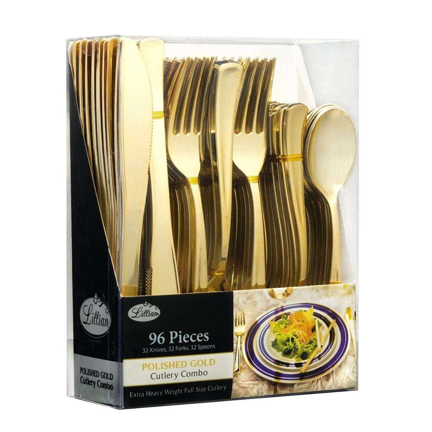 Lilian Tablesettings 96 Pcs Disposable Extra Heavyweight Gold Plastic Tableware Tablesettings Lillian 1 Pack  
