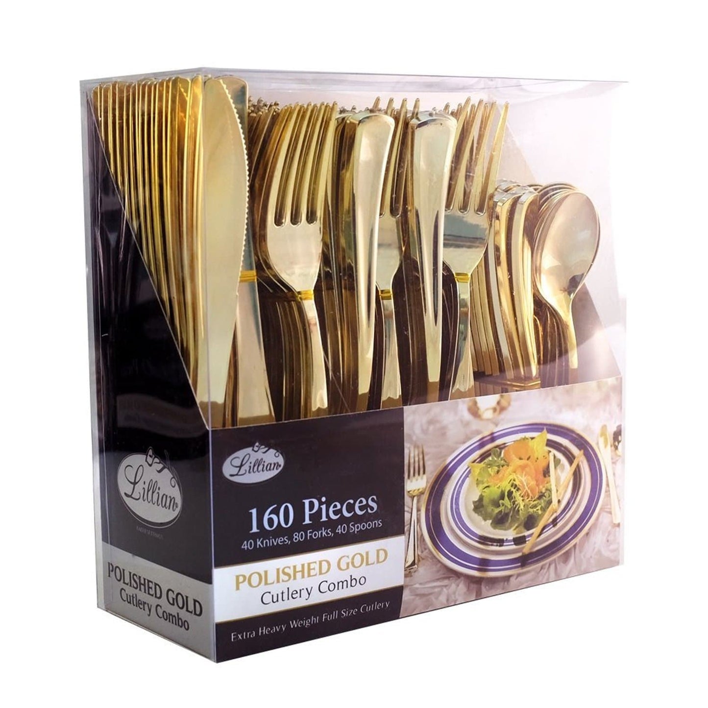 Cutlery Silverware Extra Heavyweight Disposable Flatware Combo Gold 160 Pieces Tablesettings Lillian   