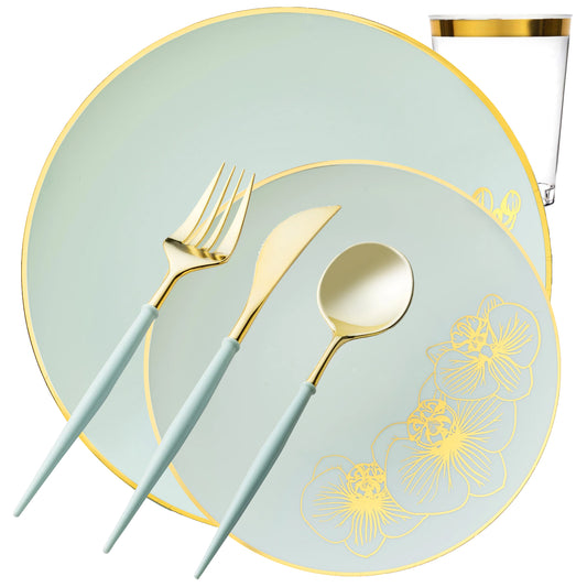 COMBO Orchid Collection Dinner Plate Turquoise & Gold Tableware Package Set Plates Decorline 40  