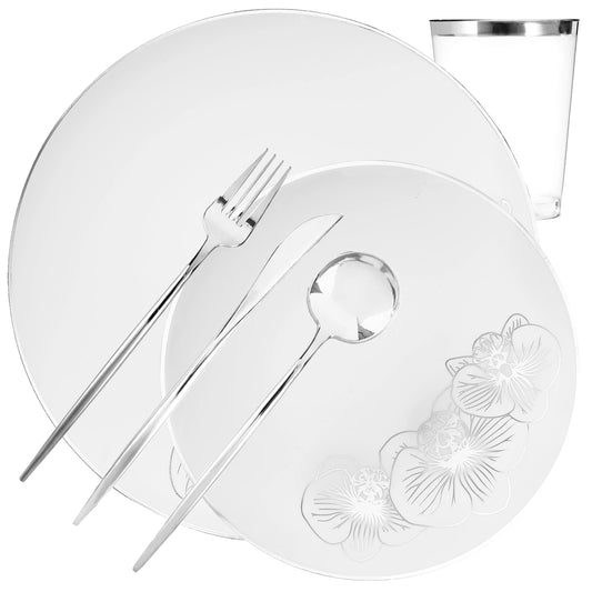 COMBO Orchid Collection Dinner Plate White & Silver Tableware Package Set Plates Decorline 40  