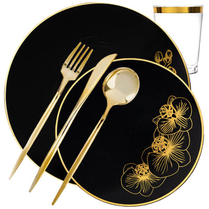 Orchid Collection Dinner Plate Black & Gold Novelty Tableware Package Set Plates Decorline 40  