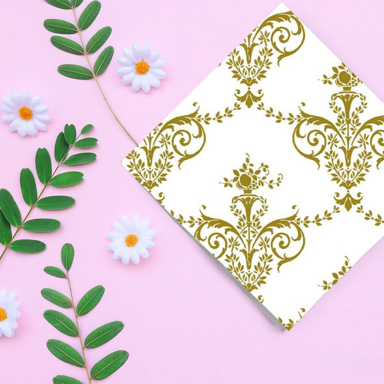 20 Pcs 13x13 in Metallic Gold and White Floral Paper Napkins