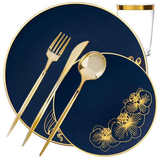 COMBO Orchid Collection Dinner Plate Royal Blue & Gold Tableware Package Set Plates Decorline 40  
