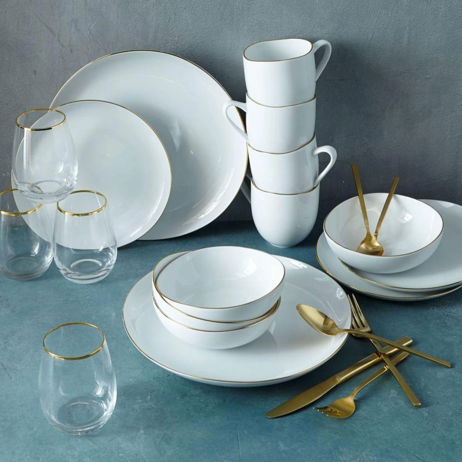 Organic White Gold Rim Dinner Plates 10.5" Bowls Blue Sky   