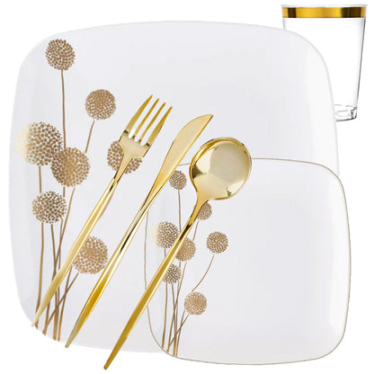 COMBO Gold and White Plastic Dandelion Square Plates 10″  Fancy Disposable - Tableware Package Tablesettings Blue Sky 40 Pieces  