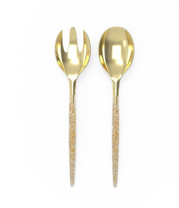 Gold Glitter Plastic Serving Fork/Spoon Set Two Tone Serving Luxe Party NYC   