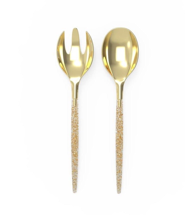 Gold Glitter Plastic Serving Fork/Spoon Set 2 Pcs
