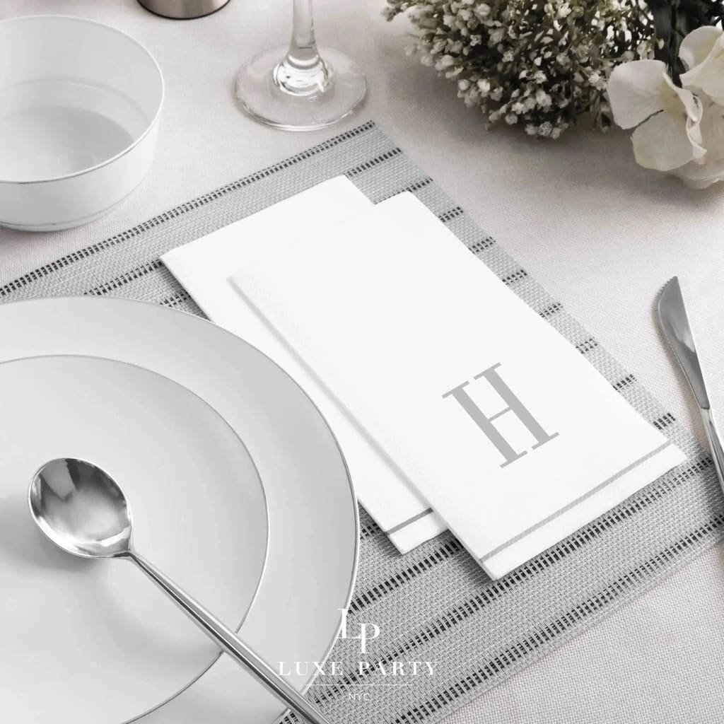 Letter H Silver Monogram Paper Disposable Dinner Napkins | 14 Napkins Napkins Luxe Party NYC   