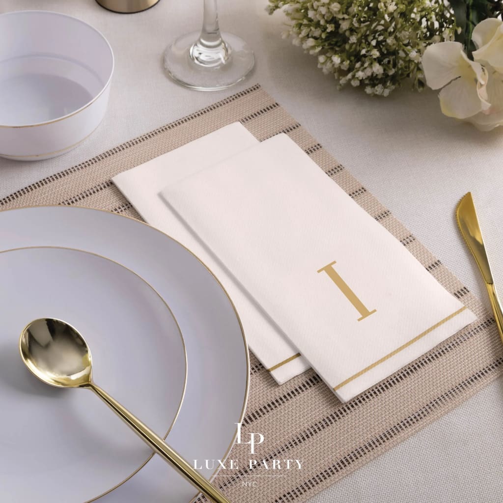 Letter I Gold Monogram Paper Disposable Dinner Napkins | 14 Napkins Napkins Luxe Party NYC   