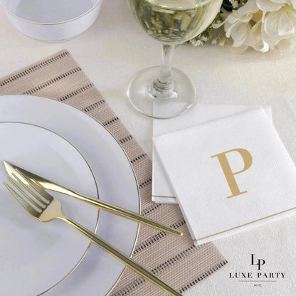 Letter P Gold Monogram Paper Disposable Dinner Napkins | 14 Napkins Napkins Luxe Party NYC   