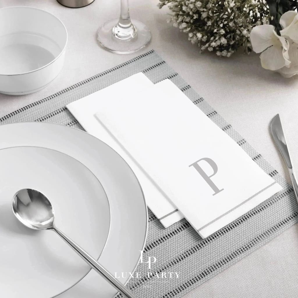 Letter P Silver Monogram Paper Disposable Dinner Napkins | 14 Napkins Napkins Luxe Party NYC   