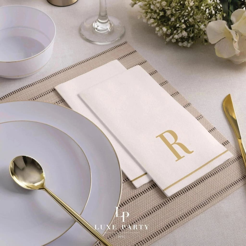 Letter R Gold Monogram Paper Disposable Dinner Napkins | 14 Napkins Napkins Luxe Party NYC   