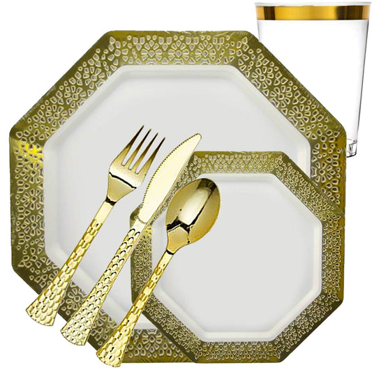 LACETAGON COLLECTIONS LACE GOLD RIM PLASTIC TABLEWARE PACKAGE plates Lillian Tablesettings 20  