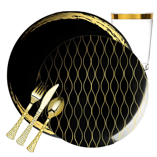Whisk Collection Dinner Plate Black & Gold Tableware Package Plates Decorline 20  